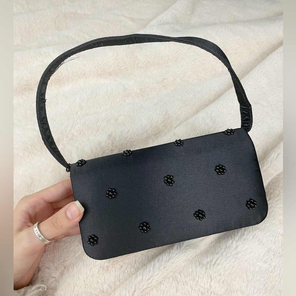 Vintage Black Satin Beaded Flower Mini Purse by Savanna NTW